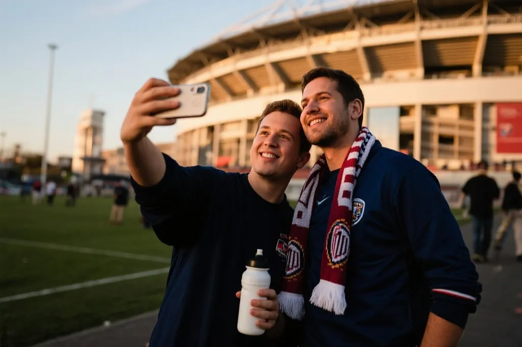 球迷在球场外使用可重复使用水壶与布质围巾打卡合影，城市与球场作为背景