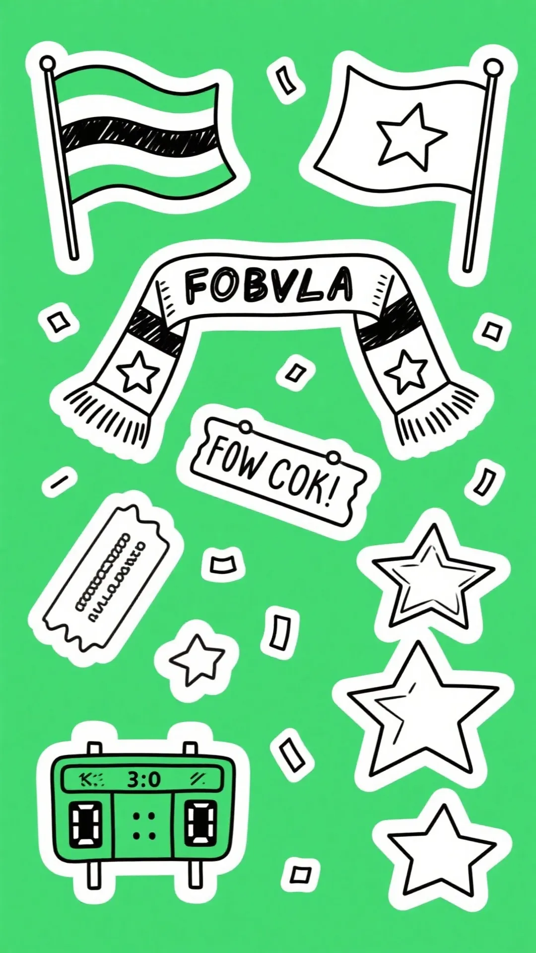 球迷文化贴纸与模块化素材示意：围巾、旗帜、手绘星星、纸屑、比分牌组件与投票互动条