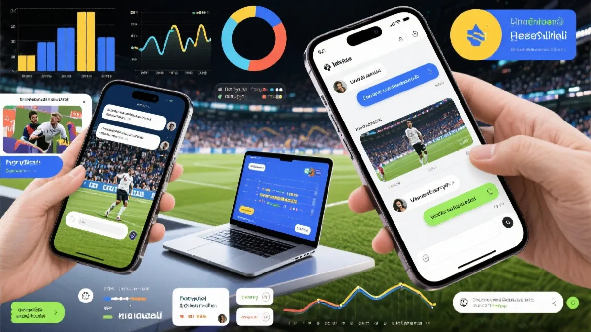 多语言社交媒体界面上同时出现比赛数据图、短视频剪辑与实时讨论的拼贴画面